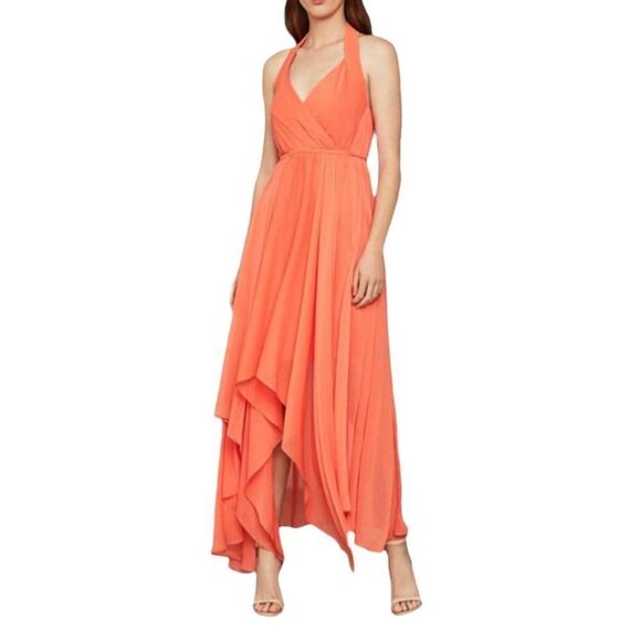 BCBGMAXAZRIA Chiffon Faux Wrap High Low Halter Dress Salmon XXS - Picture 1 of 5